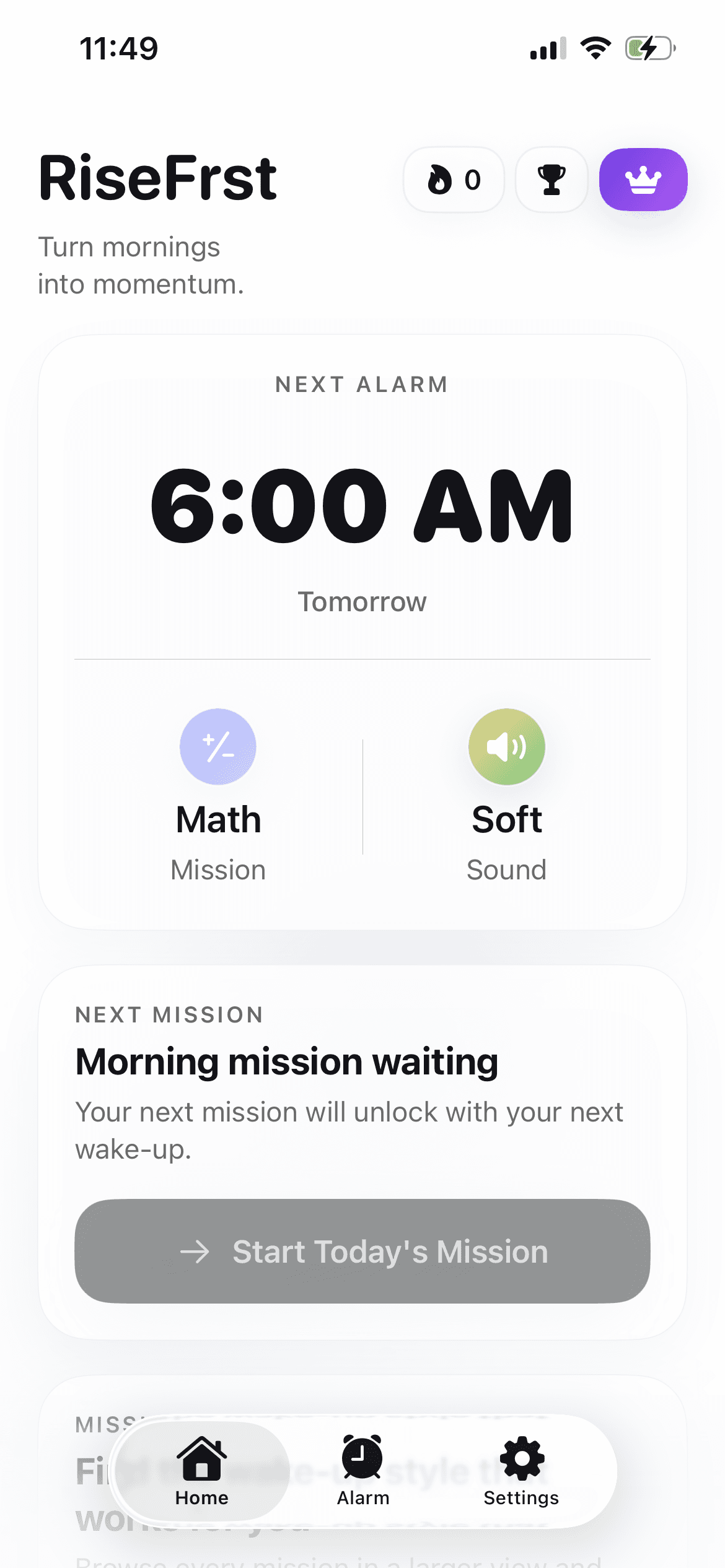 RiseFrst home screen showing the next alarm and mission