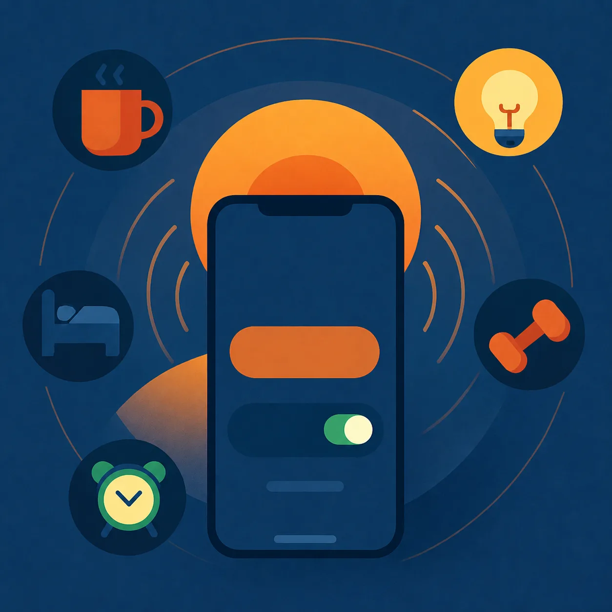 Square illustration of an iPhone alarm surrounded by symbols for building a consistent morning routine.