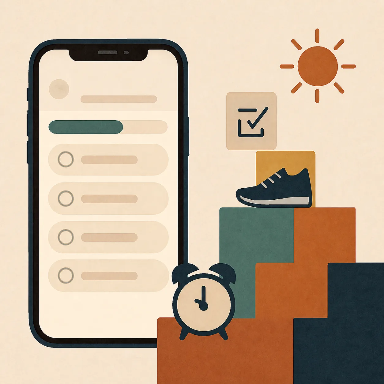 A square illustration of an iPhone and stacked morning habit symbols shows building a consistent routine step by step.