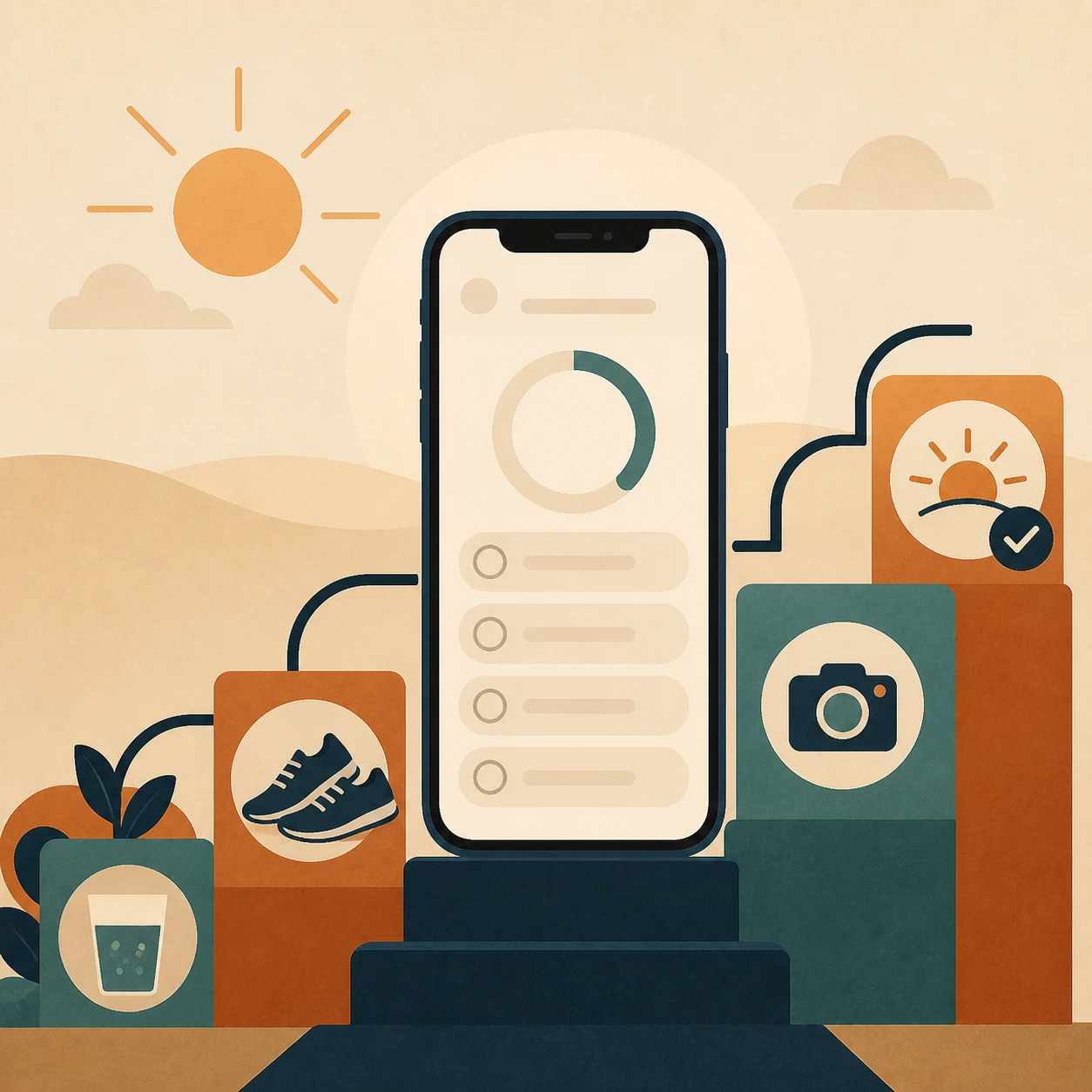 An iPhone habit tracker sits among rising blocks for hydration, exercise, photo missions, and morning progress.