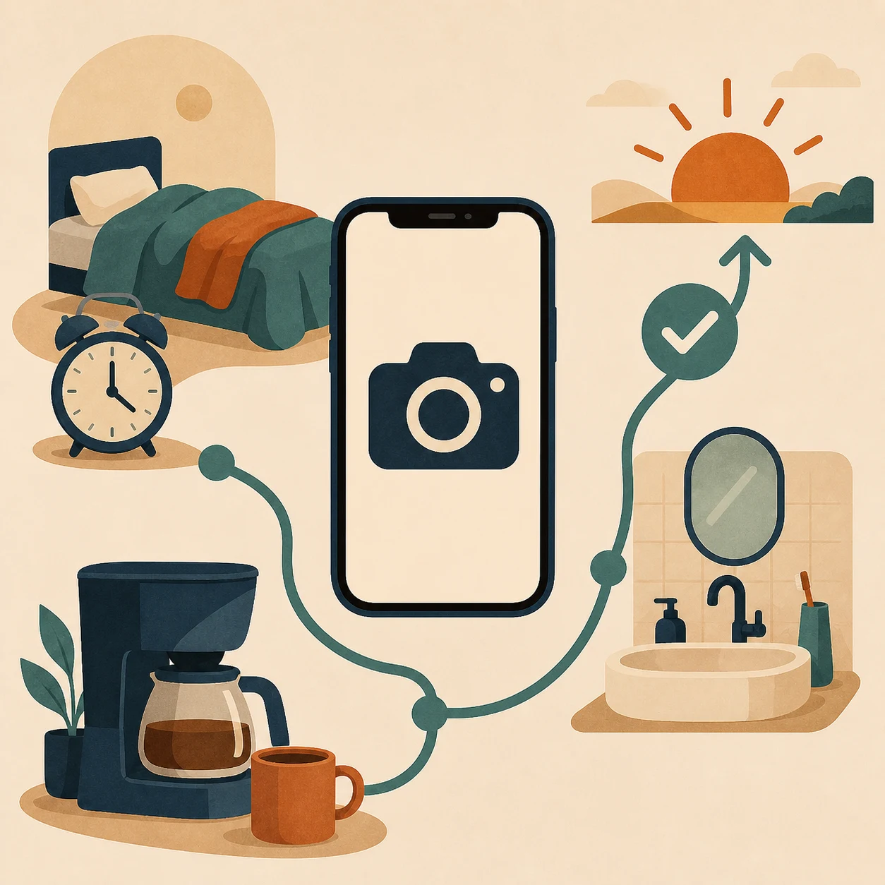 An iPhone camera mission connects a bed, bathroom sink, coffee maker, and successful sunrise wake-up.