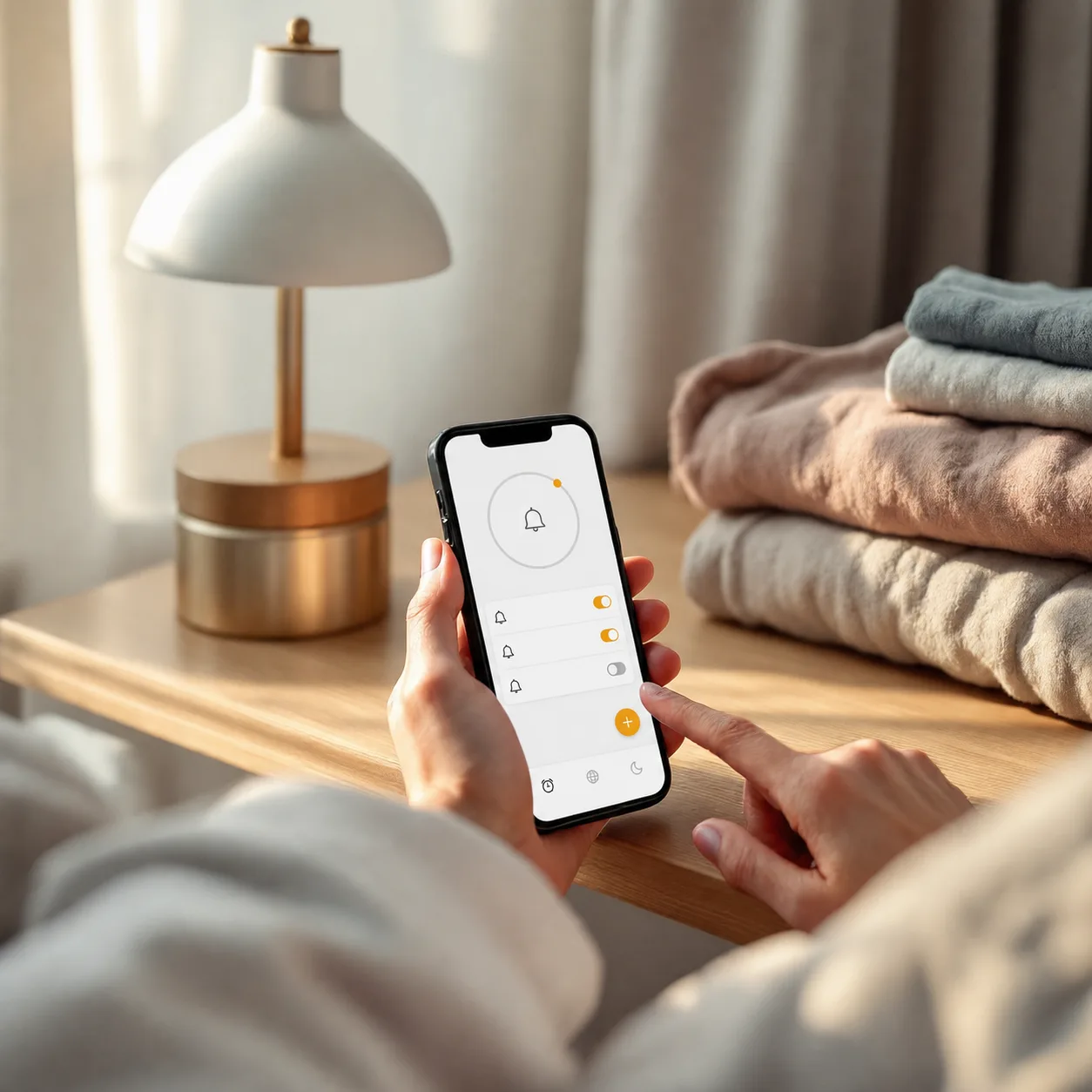 A close-up of an iPhone alarm app being tapped beside a neatly prepared morning routine setup on a bedside table.