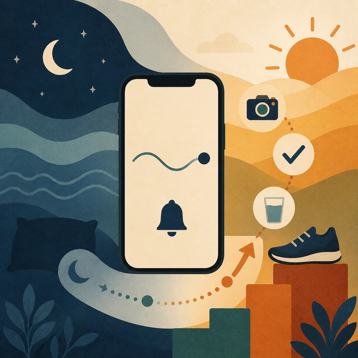 A light sleep alarm transitions from night waves into a photo mission, hydration, exercise, and sunrise.