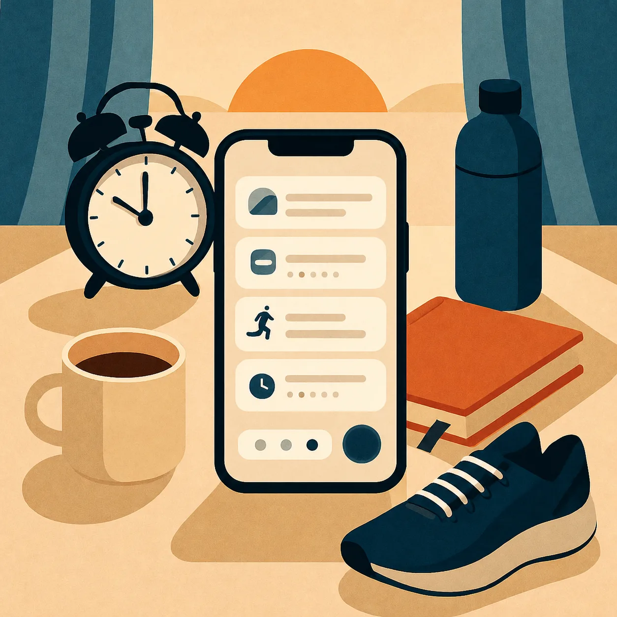 Square illustration of a smartphone routine planner surrounded by organized morning habit objects.