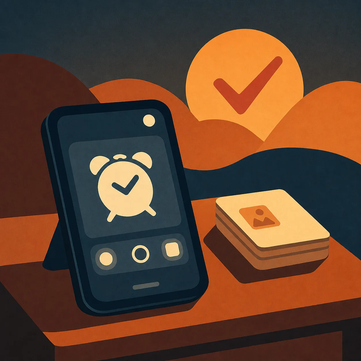 Square editorial illustration of a smartphone alarm app with a camera task and a rising checkmark sun.