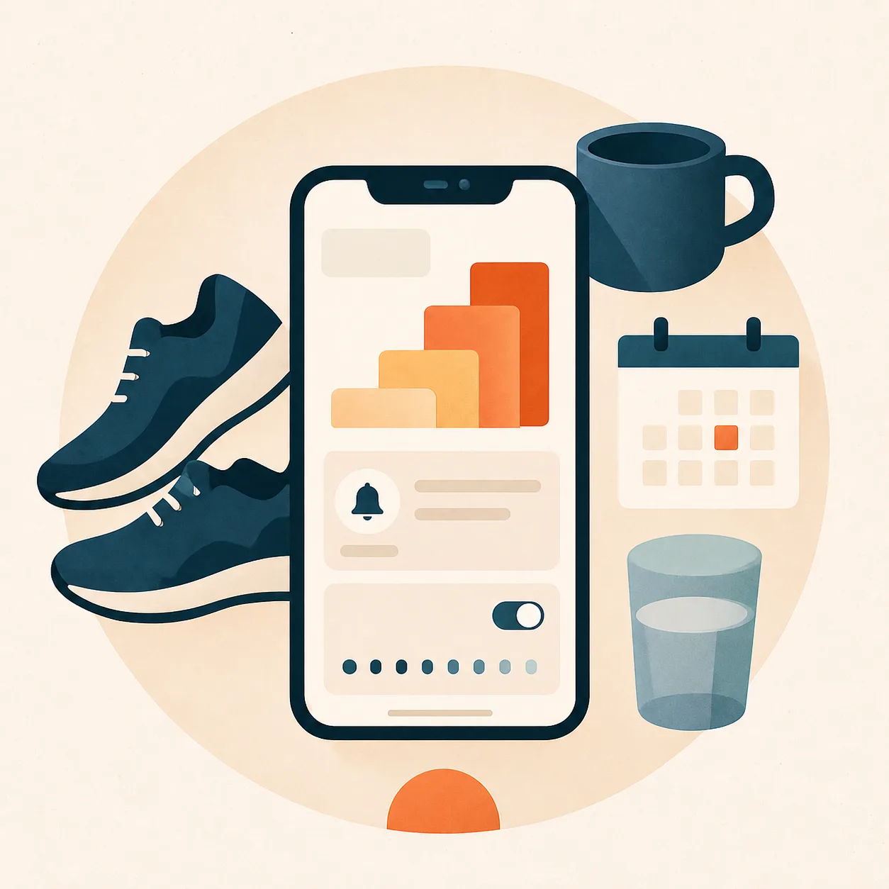Illustrated iPhone surrounded by morning habit symbols, showing a motivating start to the day.