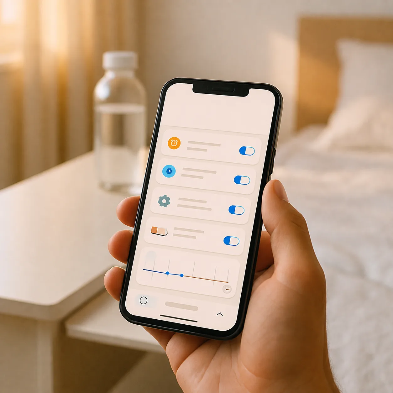 A hand holds an iPhone with a bright habit-tracking app interface above a tidy bedside table in morning light.