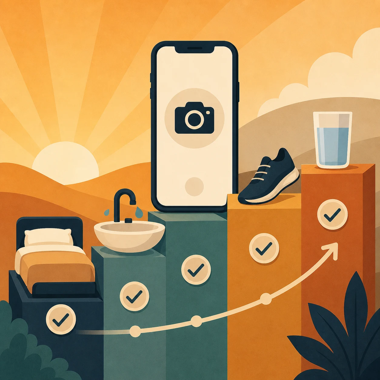 An iPhone wake-up challenge connects a bed, camera mission, bathroom sink, running shoes, and water through rising steps and checkmarks.