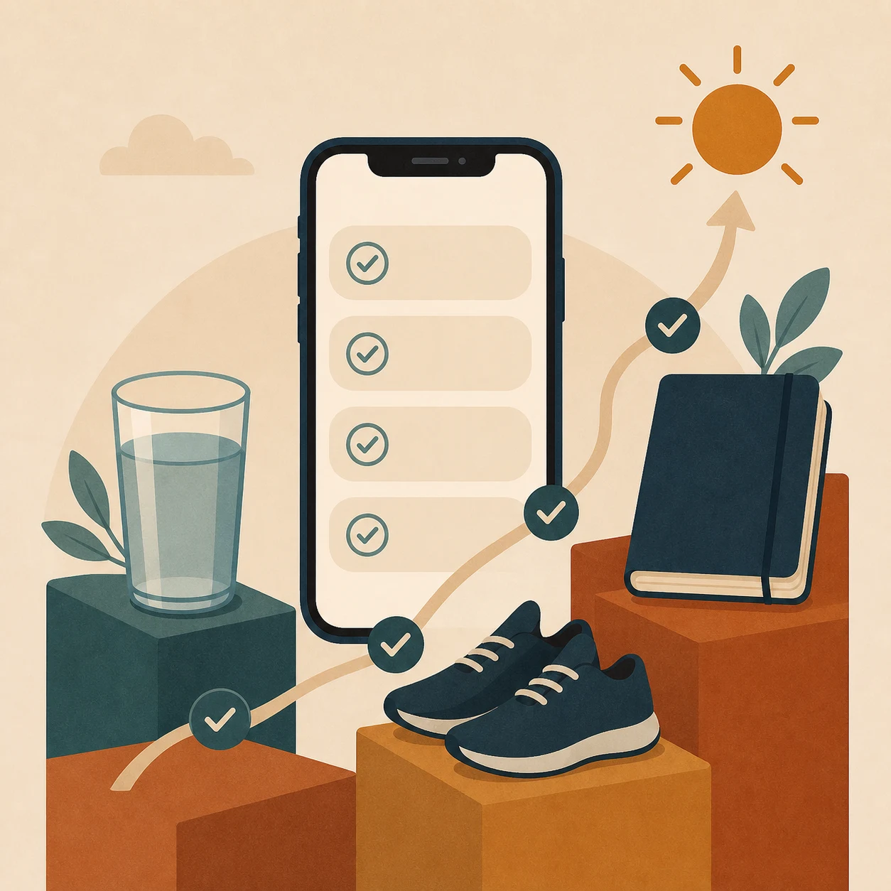 A phone routine connects water, running shoes, a journal, and sunrise through rising steps and checkmarks.